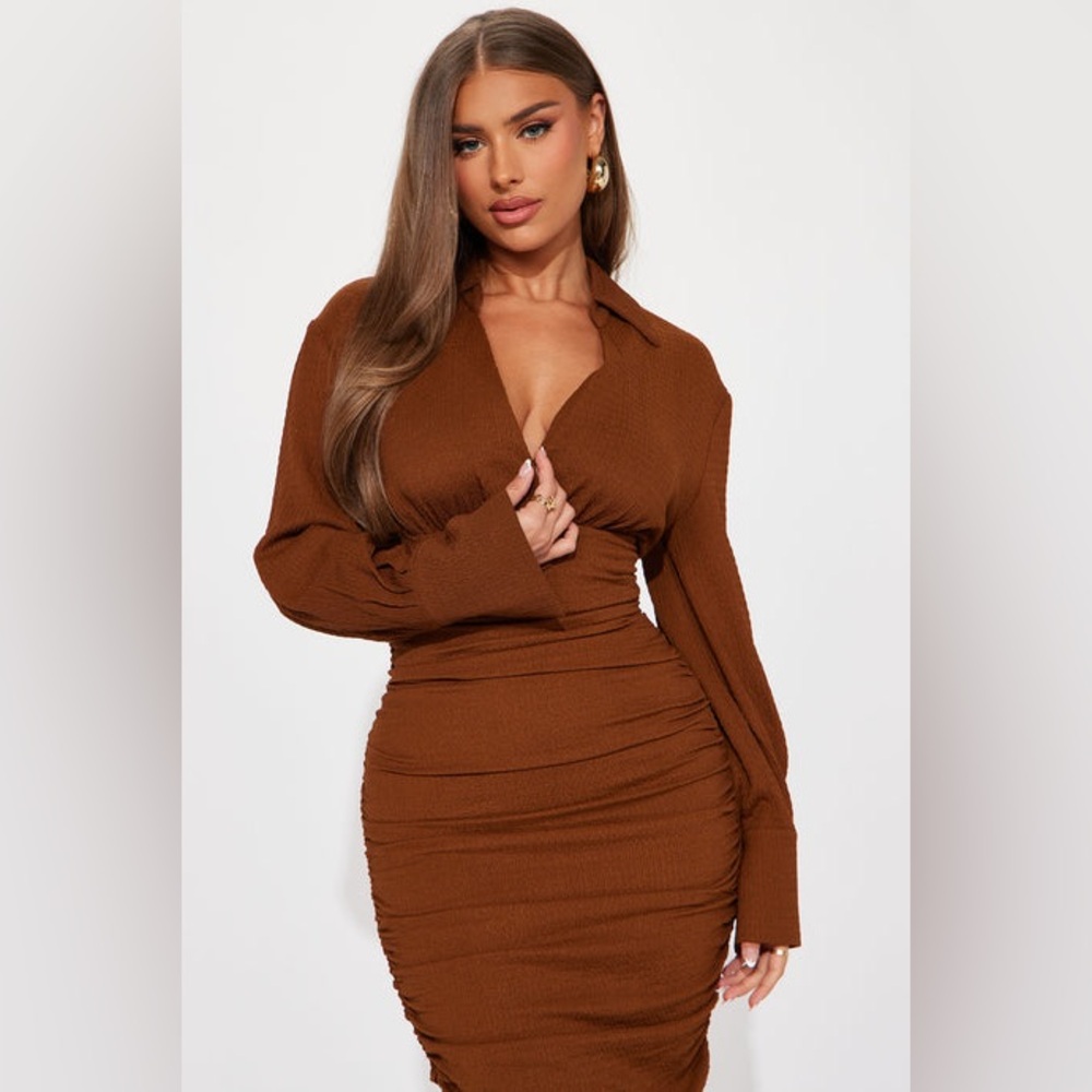 Fashion Nova Peyton Textured Brown Long Sleeve Dress- Kentucky Derby Ready